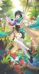 &gt;_&lt; 1boy absurdres androgynous barbatos_(genshin_impact) blue_hair bouquet braid bug butterfly cape crystalfly_(genshin_impact) flower fridaynightcat genshin_impact hair_flower hair_ornament hammock hat highres holding holding_bouquet insect leaf long_sleeves looking_at_viewer male_focus multicolored_hair open_mouth pantyhose petals plant purple_flower red_flower red_rose rose short_hair_with_long_locks shorts tree twin_braids venti_(genshin_impact) vision_(genshin_impact) white_flower white_pantyhose