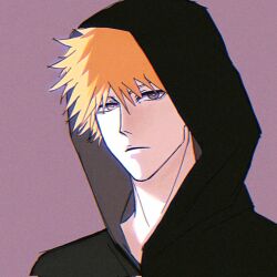 Rule 34 | 1boy, bleach, closed mouth, commentary, film grain, frown, hashtag-only commentary, highres, hood, hood up, hoodie, kurosaki ichigo, looking at viewer, male focus, orange hair, pink eyes, purple background, short hair, simple background, solo, upper body, xixixixi xi