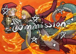 1boy 1girl animal_legs armor blonde_hair collar commission don_quixote_(project_moon) dress e.g.o_(project_moon) food gloves green_dress hat highres hug lifetime_stew_(e.g.o) limbus_company lizard_tail open_mouth pauldrons project_moon red_gloves red_hat shan23852196 shoulder_armor sinclair_(project_moon) smile soup tail watermark yellow_eyes