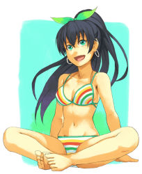 1girl arm_support bad_feet barefoot bikini black_hair bow butterfly_sitting earrings fang feet feet_together female_focus ganaha_hibiki hair_bow high_ponytail hoop_earrings idolmaster idolmaster_(classic) jewelry long_hair multicolored_bikini multicolored_stripes navel open_mouth ponytail sitting solo striped_bikini striped_clothes swimsuit toes yuuji_(and)