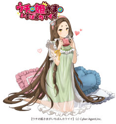 1girl brown_eyes brown_hair cup cushion dress green_dress hairband head_bow heart holding holding_cup ice_(ice_aptx) kneeling kushinada_(uchi_no_hime-sama) long_hair multicolored_eyes pink_hairband see-through_clothes uchi_no_hime-sama_ga_ichiban_kawaii very_long_hair yellow_eyes
