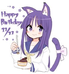 1girl :3 animal_ears blue_sailor_collar blush bow cake cake_slice cat_ears cat_tail closed_mouth food food_on_face fork hand_up happy_birthday highres hinata_yukari holding holding_fork holding_plate kemonomimi_mode kibari long_hair long_sleeves looking_at_viewer neckerchief plate purple_eyes sailor_collar school_uniform serafuku shirt simple_background solo tail tail_bow tail_ornament white_background white_shirt yellow_neckerchief yuyushiki yuyushiki&#039;s_school_uniform