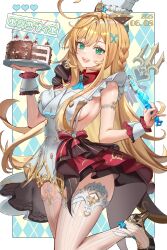 1girl :d ahoge apron blonde_hair breasts cake escoffier_(genshin_impact) food genshin_impact green_eyes hair_ornament hat heart high_heels highres holding holding_knife holding_plate knife large_breasts long_hair looking_at_viewer megumi_ml open_mouth plate skirt smile solo thighhighs very_long_hair white_apron white_hat white_thighhighs