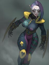 1girl absurdres bodysuit bracer choker colored_skin dark_eldar diamond_(shape) earrings epaulettes facepaint facial_mark harlequin heart highres jester jewelry long_tongue piercing playing_card_theme pointy_ears smoke soldat_(dndosld73832) solo tongue tongue_piercing warhammer_40k