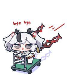 1girl black_hair camellya_(wuthering_waves) chibi chibi_only dynamic_pose grey_eyes grey_hair hair_ribbon highres multicolored_hair ribbon sidelocks skirt smile streaked_hair syurikenmaru twintails wuthering_waves