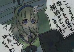 Rule 34 | 1girl, babydoll, between breasts, blonde hair, blue eyes, breasts, cleavage, computer, drinking, hairband, japanese text, large breasts, long hair, monitor, monster (drink), neptune (series), solo, translation request, vert (neptunia)