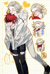 Rule 34 | !?, ..., ...!, 2boys, aotsuki eito, black hair, black pants, blush, chibi, clenched hands, closed eyes, coat, commentary request, flower symbol, glasses, grey hair, grid background, heart, highres, hood, hood down, hooded coat, hug, hug from behind, long sleeves, male focus, multicolored hair, multiple boys, multiple views, one eye closed, opaque glasses, open mouth, pale skin, pants, red hair, runny nose, shared clothes, simple background, sneezing, snot, spoken ellipsis, streaked hair, sumino takumi, sweat, the hundred line -last defense academy-, wa ga ne, white coat, yaoi
