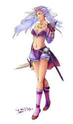 1980s_(style) 1girl bandana bikini blue_eyes blue_hair breasts cleavage dagger detached_sleeves earrings female_focus final_fantasy final_fantasy_ii frodera full_body highres jewelry knife knife_in_head knife_sheath leila long_hair matching_hair/eyes necklace object_through_head oldschool retro_artstyle see-through_clothes sheath simple_background solo swimsuit weapon white_background