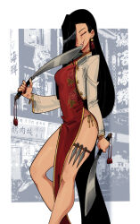 1girl bare_legs black_lagoon breasts china_dress chinese_clothes dress grin gutalalaman highres holding holding_weapon knife kukri long_hair medium_breasts panties pelvic_curtain shenhua side-tie_panties side_slit smile solo thigh_strap underwear weapon
