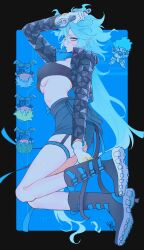 1girl 4boys :o ^_^ absurdres adjustable_wrench arched_back arm_up bags_under_eyes bandeau belt_pouch black_bandeau black_boots black_border black_jacket black_ribbon blue_background blue_eyeshadow blue_lips blue_ribbon blue_skirt blue_theme blush boot_straps boots border breasts brother_and_sister chibi chibi_inset closed_eyes collarbone colored_shoe_soles covered_erect_nipples cropped_jacket eyeshadow faceless faceless_male falling fiery_hair film_grain floating from_side full_body garter_straps genderswap genderswap_(mtf) gloves hair_between_eyes high-waist_skirt highres holding holding_own_leg holding_wrench idia_shroud jacket khr long_hair long_sleeves looking_at_viewer makeup mask miniskirt multiple_boys ortho_shroud pale_skin parted_lips peanut_mouth pencil_skirt pouch raised_inner_eyebrows respirator ribbon shiny_skin shoe_soles short_hair siblings signature skindentation skirt solo_focus strapless thigh_strap tube_top twisted_wonderland two-sided_fabric two-sided_jacket two-sided_ribbon two-tone_gloves underboob very_long_hair wavy_hair white_gloves work_gloves wrench yellow_eyes yellow_trim
