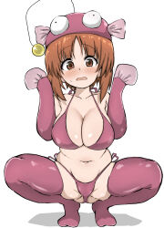 1girl anglerfish_costume arms_up bikini blush breasts brown_eyes brown_hair chaarai commentary_request fish_costume fish_hat full_body girls_und_panzer gluteal_fold hat highres large_breasts looking_at_viewer nishizumi_miho parted_lips pink_bikini pink_hat pink_thighhighs short_hair side-tie_bikini_bottom simple_background skindentation solo squatting sweatdrop swimsuit thighhighs white_background