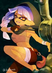 1girl artist_name barefoot bike_shorts black_shorts bow_(weapon) braid commentary_request crop_top eyelashes highres holding holding_bow_(weapon) holding_weapon inkling inkling_girl inkling_player_character kainesato long_hair looking_at_viewer nintendo orange_eyes pointy_ears purple_hair short_eyebrows shorts single_braid smile solo splatoon_(series) splatoon_3 teeth tentacle_hair thick_eyebrows twitter_username weapon wellstring_v_(splatoon)