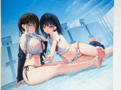 Rule 34 | 2girls, absurdres, arm support, bare legs, barefoot, bikini, bikini bottom only, black hair, blue eyes, blush, breasts, cellphone, closed mouth, covered erect nipples, food-themed hair ornament, food print, frilled bikini, frills, fruit print, grin, hair ornament, hairclip, highres, hip bones, ichigo (mignon), jacket, large breasts, long hair, long sleeves, looking at viewer, medium hair, mignon, multiple girls, nanami (mignon), navel, necktie, on water, open clothes, open jacket, open mouth, original, outdoors, phone, plaid bikini, plaid clothes, print bikini, red eyes, red necktie, sailor collar, see-through clothes, see-through shirt, shallow water, shiny skin, shirt, short sleeves, side-tie bikini bottom, sitting, sitting on water, small breasts, smile, soles, stomach, strawberry hair ornament, strawberry print, swimsuit, teeth, tied shirt, toes, tongue, tongue out, twintails, v, water, wet, wet clothes, wet swimsuit, white bikini, white sailor collar, white shirt, x hair ornament