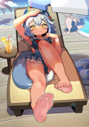 1boy 1girl absurdres animal_ear_fluff animal_ears arm_up armpits ass barefoot between_legs blue_hair blue_one-piece_swimsuit blue_sky blue_umbrella blush breasts cameltoe chair cloud collarbone cup day drink drinking_glass drinking_straw feet flower food frilled_one-piece_swimsuit frills fruit hair_between_eyes hair_flower hair_ornament hairclip halo hand_up highres innertube knee_up lemon lemon_slice looking_at_viewer lounge_chair lying male_swimwear multicolored_hair multicolored_halo ocean on_back one-piece_swimsuit original outdoors pool poolside rainbow rainbow_halo sailor_collar sailor_one-piece_swimsuit sakurami_sumi shading_eyes short_hair sitting sky small_breasts smile soles solo_focus swim_ring swimsuit tail tail_between_legs tan thick_eyebrows toes two-tone_hair two-tone_umbrella umbrella white_hair white_umbrella wooden_floor yellow_eyes