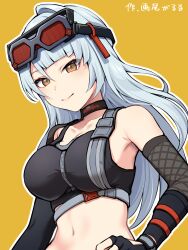 Rule 34 | 1girl, bare shoulders, black choker, black gloves, choker, cosplay, crop top, fingerless gloves, gao garuru, gloves, goggles, goggles on head, grace howard, grace howard (cosplay), highres, long hair, looking at viewer, midriff, navel, orange eyes, simple background, smile, solo, sports bra, stomach, translation request, upper body, very long hair, white hair, yellow background, yixuan (zenless zone zero), zenless zone zero