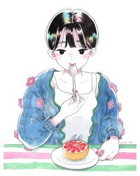 1girl blue_cardigan blush cardigan choppy_bangs collarbone commentary eating emamemamo33 fingernails flower grapefruit highres holding holding_spork looking_at_viewer nose_blush original painting_(medium) pink_flower plate red_lips red_nails short_hair signature simple_background solo spork table tank_top traditional_media watercolor_(medium) white_background white_tank_top
