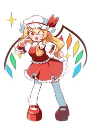 1girl absurdres ascot blonde_hair crystal crystal_wings flandre_scarlet full_body hat highres looking_at_viewer mary_janes masakamea mob_cap one_eye_closed open_mouth puffy_short_sleeves puffy_sleeves red_eyes red_skirt red_vest shoes short_sleeves side_ponytail simple_background skirt smile solo sparkle standing touhou v vest white_background wings wrist_cuffs yellow_ascot