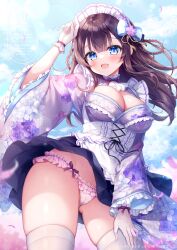 1girl blue_eyes blush bow breasts brown_hair cleavage cleavage_cutout clothing_cutout dress floral_print frills gloves hair_between_eyes hair_bow hair_ornament headdress large_breasts long_hair looking_at_viewer maid mitsuba_choco open_mouth original panties pink_panties purple_dress smile solo thighhighs underwear white_gloves white_thighhighs