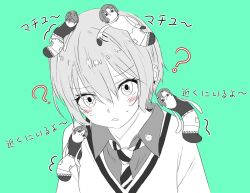 1girl ? ?? amate_yuzuriha blush character_charm charm_(object) collared_shirt commentary_request green_background greyscale_with_colored_background gundam gundam_gquuuuuux highres lyinlyin_1006 necktie school_uniform shirt short_hair shuji_ito simple_background spot_color sweatdrop sweater