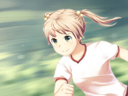 1girl artist_request blonde_hair blurry blurry_background closed_mouth game_cg green_eyes hair_bobbles hair_ornament ibarazaki_emi katawa_shoujo medium_hair motion_blur non-web_source shirt short_sleeves smile solo twintails upper_body v-shaped_eyebrows white_shirt