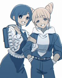 2girls :d backpack bag belt collared_shirt commentary_request cone_hair_bun cowboy_shot double_bun frilled_shirt frilled_sleeves frills fukurai_azami hair_bun hands_in_pockets hatoco holding_another&#039;s_arm hood hood_down hoodie jumpsuit limited_palette long_sleeves looking_at_viewer multiple_girls open_mouth puffy_sleeves shirt short_hair sidelocks simple_background skirt smile standing tomarigi_yasumi toshi_densetsu_kaitai_center white_background