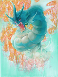 aqua_background blue_scales creature creature_focus fins fish fleebites gen_1_pokemon gyarados highres magikarp nintendo open_mouth orange_eyes orange_scales pink_eyes pokemon pokemon_(creature) sharp_teeth teeth too_many too_many_fish traditional_media underwater