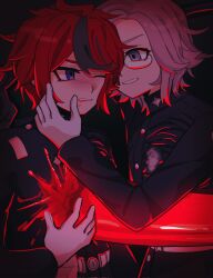 2boys aotsuki_eito black_background black_hair blue_eyes glasses highres impaled looking_at_another male_focus multicolored_hair multiple_boys one_eye_closed open_mouth red_hair simple_background sumino_takumi the_hundred_line_-last_defense_academy- white_hair zero_(misamxsa08)