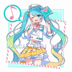 Rule 34 | 1girl, aqua eyes, aqua hair, aqua nails, asagao minoru, beret, blonde hair, blush, bow, bowtie, collarbone, cropped jacket, flag, gradient hair, hair between eyes, hair ornament, hat, hatsune miku, holding, holding flag, jacket, long hair, long sleeves, looking at viewer, magical mirai (vocaloid), magical mirai miku, magical mirai miku (2024), multicolored hair, multicolored nails, musical note, one eye closed, open mouth, pink bow, pink bowtie, pink nails, pleated skirt, shorts, shorts under skirt, skirt, smile, solo, spoken musical note, twintails, very long hair, vocaloid, white jacket, white shorts, yellow skirt