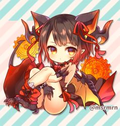 Rule 34 | 1girl, bad id, bad pixiv id, bare shoulders, black dress, black gloves, blush, brown hair, brown panties, claws, closed mouth, commentary request, diagonal stripes, dragon girl, dragon horns, dragon wings, dress, female focus, full body, gears, gloves, gradient hair, hair ribbon, horns, hugging own legs, looking at viewer, meopun (meopen429), multicolored hair, myr (p&amp;d), panties, puzzle &amp; dragons, red eyes, red hair, red ribbon, ribbon, scales, solo, striped background, twitter username, underwear, wings
