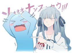 1girl bang_dream! bang_dream!_it&#039;s_mygo!!!!! black_ribbon blue_hair braid character_request commentary hair_ribbon highres holding holding_poke_ball long_hair long_sleeves neck_ribbon nervous_sweating nintendo poke_ball pokemon pokemon_(creature) poking reiboubyou ribbon shirt sidelocks simple_background sweat togawa_sakiko translation_request white_background white_shirt yellow_eyes