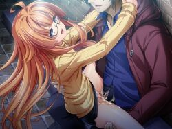 1boy 1girl :d after_vaginal ahoge amakubo_yuri black-framed_eyewear black_pants black_skirt blue_eyes blue_shirt brick_floor brick_wall censored clothed_sex clothes_lift clothing_aside collared_shirt cum cum_in_pussy dress_shirt floating_hair game_cg glasses green-framed_eyewear hetero hood hood_down hooded_jacket inoino jacket kouyoku_senki_exs-tia large_variant_set long_hair long_sleeves miniskirt mosaic_censoring non-web_source official_art open_clothes open_jacket open_mouth orange_hair outdoors panties panties_aside pants penis rectangular_eyewear red_jacket ribbed_sweater semi-rimless_eyewear sex shihou_souma shirt skirt skirt_lift smile sweater twintails under-rim_eyewear underwear vaginal variant_set very_long_hair white_panties wing_collar yellow_shirt yellow_sweater