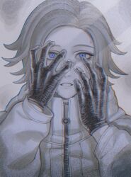 1boy 7nite absurdres aotsuki_eito black_gloves chinese_commentary film_grain glasses gloves grey_background grey_hair hand_over_eye hands_on_own_face hands_up highres jacket male_focus short_hair signature solo sweat sweatdrop the_hundred_line_-last_defense_academy- upper_body zipper