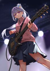 1girl absurdres bandaid bandaid_on_knee bandaid_on_leg concert cosplay cube_hair_ornament electric_guitar from_below gotoh_hitori gotoh_hitori_(cosplay) grey_hair grey_skirt guitar hair_ornament highres holding holding_guitar holding_instrument holding_plectrum ine_(vtuber) instrument jacket long_sleeves miniskirt pink_jacket playing_guitar pleated_skirt plectrum ponytail purple_eyes skirt solo stage stage_lights track_jacket virtual_youtuber waktaverse wasab_(pid83877775) zipper zipper_pull_tab