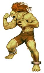 1boy absurdres arm_hair arms_up barefoot blanka capcom_vs_snk chest_hair clenched_hand colored_skin fangs fingernails full_body game_cg green_skin highres leg_hair looking_to_the_side male_focus mori_toshiaki muscular muscular_male no_pupils non-web_source official_art open_mouth orange_hair outstretched_arms pants sharp_fingernails sharp_teeth sharp_toenails solo street_fighter teeth toenails topless_male torn_clothes torn_pants veins veiny_arms white_background