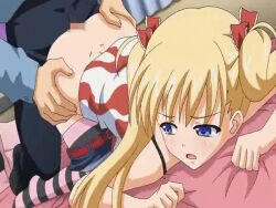 1boy 1girl akizuki_airi animated animated_gif bed bed_sheet belt belt_buckle buckle censored clothed_sex clothes_pull curtains doggystyle english_text grabbing_another&#039;s_ass groping hair_ornament hair_ribbon hetero indoors long_twintails looking_back moaning mosaic_censoring no_shoes on_bed oni_chichi penis pillow ribbon sex sex_from_behind sheet_grab shorts shorts_pull solo_focus striped_clothes striped_thighhighs subtitled tagme thighhighs top-down_bottom-up twintails