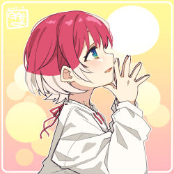 akane_yuki artist_name colored_inner_hair highres idolmaster idolmaster_va-liv looking_to_the_side multicolored_hair official_art red_hair red_ribbon ribbon shirt simple_background tomori_manaka white_shirt
