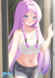 1girl alternate_costume black_shorts blue_eyes blush braid breasts citlali_(genshin_impact) cleavage collarbone commentary_request crop_top dolphin_shorts facial_mark fingernails forehead_mark genshin_impact hand_up highres hyakuya_iori large_breasts long_hair looking_at_viewer nail_polish navel open_mouth pink_pupils purple_hair purple_nails short_shorts shorts signature small_sweatdrop solo spaghetti_strap stomach triangle triangle_facial_mark twin_braids twitter_username very_long_hair workout_clothes