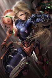 1girl armor assembling blonde_hair blue_eyes bodysuit breasts claw_pose highres jimbobox knees_up lips long_hair looking_to_the_side metroid nintendo power_suit_(metroid) samus_aran skin_tight varia_suit very_long_hair zero_suit