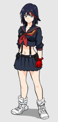 1girl absurdres black_hair black_sailor_collar black_skirt blue_eyes closed_mouth full_body gloves grey_background hatimoto highres kill_la_kill looking_at_viewer matoi_ryuuko midriff miniskirt multicolored_hair navel neckerchief pleated_skirt red_gloves red_neckerchief sailor_collar school_uniform senketsu serafuku shoes simple_background skirt solo standing streaked_hair suspenders white_shoes