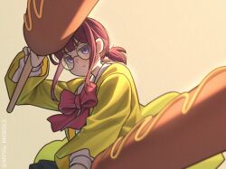 blunt_bangs bocchi_the_rock! corn_dog dual_wielding film_grain food from_below girl_with_large_corndogs holding holding_food jacket long_sidelocks looking_at_viewer myvia_mokols open_clothes open_jacket ponytail purple_eyes red_hair round_eyewear school_uniform serious short_ponytail shuka_high_school_uniform sidelocks simple_background twitter_username upper_body yellow_jacket