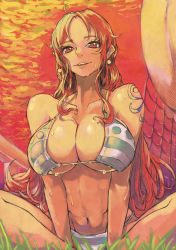 1girl absurdres adapted_costume aqua_bikini arm_tattoo arms_at_sides bikini breasts cleavage collarbone covered_erect_nipples dripping earrings evening eyebrows_hidden_by_hair female_focus grass green_bikini groin halterneck hato_hato_hato highres huge_breasts indian_style jewelry large_breasts leaning_forward lips long_hair looking_at_viewer matching_hair/eyes nami_(one_piece) nami_(one_piece)_(return_to_sabaody) navel ocean one_piece orange_eyes orange_hair orange_sky orange_theme outdoors parted_lips pearl_earrings ship shoulder_tattoo sitting sky smile solo stomach striped_bikini striped_clothes sunset swimsuit tattoo teeth tsurime underboob upper_teeth_only very_long_hair water watercraft wet wet_clothes wet_hair wet_swimsuit white_bikini