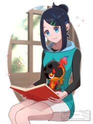 Rule 34 | 1girl, black hair, black shirt, blue eyes, blue hair, blue hoodie, book, charcadet, closed mouth, fearensu, hair ornament, hairclip, highres, holding, holding book, hood, hoodie, liko (pokemon), multicolored hair, nintendo, on lap, open book, pokemon, pokemon (anime), pokemon (creature), pokemon horizons, pokemon on lap, shirt, short hair, shorts, sitting, sleeveless, sleeveless hoodie, smile, two-tone hair, white shorts
