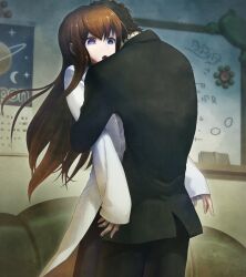 1boy 1girl 2015 :o black_hair black_jacket black_pantyhose black_shorts breasts brown_hair calendar_(object) collared_shirt future_gadget_lab game_cg hair_between_eyes hair_over_shoulder highres hug huke indoors jacket lab_coat long_hair makise_kurisu nape non-web_source official_art okabe_rintarou okabe_rintarou_(beta) open_mouth pantyhose purple_eyes purple_trim saturn_(planet) shirt short_hair shorts small_breasts standing steins;gate steins;gate_0 surprised tongue white_shirt whiteboard