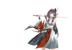 1girl asymmetrical_gloves bandaged_arm bandages black_hair detached_sleeves elbow_gloves flute gloves hakama hakama_skirt highres holding holding_flute holding_instrument horizon_7885 instrument japanese_clothes kimono long_hair mask mask_on_head mismatched_gloves nontraditional_miko oni_mask punishing:_gray_raven purple_eyes red_sleeves rope selena:_capriccio_(vox_solaris)_(pgr) selena_(pgr) shimenawa shirt sidelocks single_sleeve skirt sleeveless sleeveless_kimono solo transverse_flute two-sided_sleeves two-tone_skirt white_background white_shirt white_sleeves