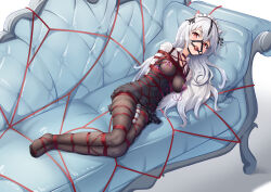 Rule 34 | 1girl, absurdres, animal ear fluff, animal ears, arms behind back, ball gag, bdsm, black dress, black pantyhose, bondage, bound, bound arms, bound legs, breast bondage, breasts, collared dress, couch, dress, gag, gag harness, gagged, highres, long hair, looking at viewer, lying, maid headdress, medium breasts, nipples, on back, on couch, on side, open mouth, original, pantyhose, red eyes, remiliacn (pixiv 13839440), shibari, shibari over clothes, simple background, skindentation, solo, t zhonglang, very long hair, white background, wiffle gag