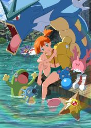 1girl aqua_shorts barefoot boots unworn_boots breasts cleavage collarbone corsola creatures_(company) feet game_freak gen_1_pokemon gen_2_pokemon gen_3_pokemon goldeen green_eyes gyarados hair_ornament head_tilt horsea lake looking_at_viewer luvdisc midriff misty_(pokemon) mm_(pixiv2899112) navel nintendo one_side_up orange_hair outdoors pokemon pokemon_(anime) pokemon_(classic_anime) pokemon_(creature) politoed psyduck red_eyes short_hair short_shorts shorts sitting sleeveless small_breasts soaking_feet starmie staryu stomach suspender_shorts suspenders tank_top yellow_tank_top