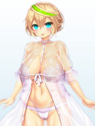 1girl alternate_hair_length alternate_hairstyle aqua_eyes asamura_hiori blonde_hair blush breasts cleavage dress female_focus gene_(pso2) green_hair hair_between_eyes highres huge_breasts looking_at_viewer multicolored_hair navel open_mouth panties phantasy_star phantasy_star_online_2 ribbon see-through_clothes short_hair smile solo tears underwear wedding_dress