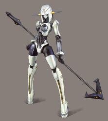 Rule 34 | 1girl, blunt bangs, bob cut, breasts, brown background, full body, high heels, highres, holding, holding polearm, holding weapon, mecha musume, medium breasts, medium hair, momo (optune), nakakita kouji, no humans, optune, original, polearm, science fiction, second-party source, simple background, solo, spear, standing, weapon, white hair, wrist cuffs, yellow eyes