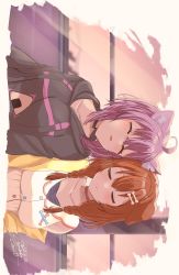 2girls absurdres ahoge animal_ears black_choker black_hoodie blush bone_hair_ornament breasts brown_hair cat_ears cat_girl choker closed_eyes closed_mouth dated dog_girl double_bun food_print hair_between_eyes hair_bun hair_ornament heads_together highres hololive hood hoodie inugami_korone inugami_korone_(1st_costume) jacket medium_breasts multiple_girls nekomata_okayu nekomata_okayu_(1st_costume) ogura_toast onigiri_print open_clothes open_jacket parted_lips purple_hair red_choker shirt signature sleeping virtual_youtuber white_shirt yellow_jacket