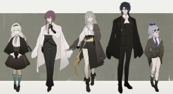 1boy 4girls absurdres alternate_costume black_coat black_gloves black_hair black_hairband black_shoes blade_(honkai:_star_rail) blowing_bubbles blue_necktie coat coat_on_shoulders crossed_arms drill_hair drill_ponytail eyewear_on_head firefly_(honkai:_star_rail) full_body gloves green_thighhighs grey_hair hair_between_eyes hairband hand_in_pocket high-waist_skirt highres honkai:_star_rail honkai_(series) kafka_(honkai:_star_rail) long_hair multiple_girls necktie open_clothes open_coat pencil_skirt purple_eyes purple_hair shirt shoes silver_wolf_(honkai:_star_rail) skirt smile stelle_(honkai:_star_rail) thighhighs tmt trailblazer_(honkai:_star_rail) white_coat white_shirt yellow_eyes